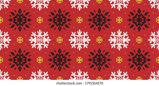 Christmas drawing with snowflakes. The Nordic style. Folk print with flakes. Scandinavian, Portuguese ornament. Spanish porcelain. Oriental damask. Ethnic motif. Ikat geometric folklore background. 