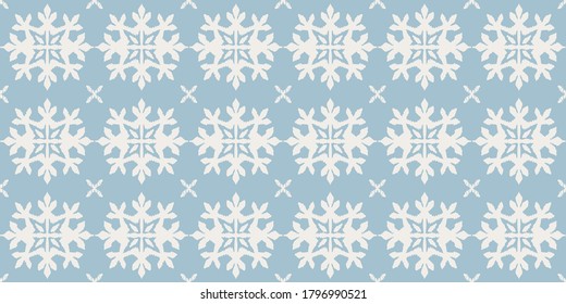 Christmas drawing with snowflakes. The Nordic style. Folk print with flakes. Scandinavian, Portuguese ornament. Spanish porcelain. Oriental damask. Ethnic motif. Ikat geometric folklore background. 