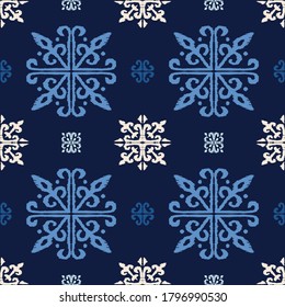 Christmas drawing with snowflakes. The Nordic style. Folk print with flakes. Scandinavian, Portuguese ornament. Spanish porcelain. Oriental damask. Ethnic motif. Ikat geometric folklore background. 
