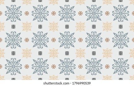 Christmas drawing with snowflakes. The Nordic style. Folk print with flakes. Scandinavian, Portuguese ornament. Spanish porcelain. Oriental damask. Ethnic motif. Ikat geometric folklore background. 