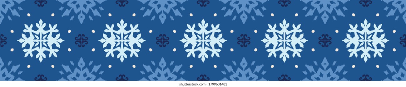 Christmas drawing with snowflakes. The Nordic style. Folk print with flakes. Scandinavian, Portuguese ornament. Spanish porcelain. Oriental damask. Ethnic motif. Ikat geometric folklore background. 