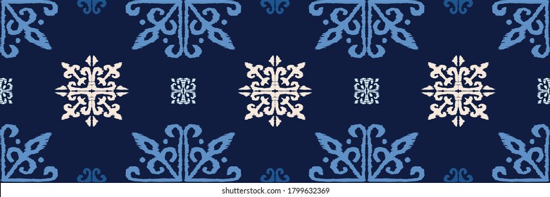 Christmas drawing with snowflakes. The Nordic style. Folk print with flakes. Scandinavian, Portuguese ornament. Spanish porcelain. Oriental damask. Ethnic motif. Ikat geometric folklore background. 