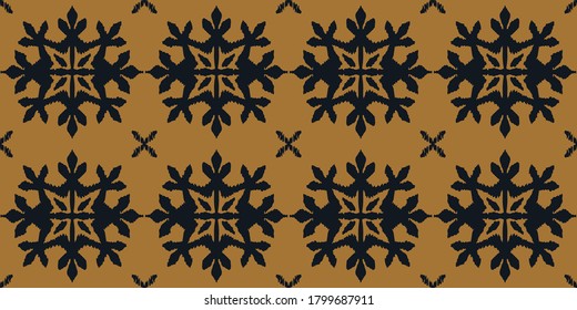 Christmas drawing with snowflakes. The Nordic style. Folk print with flakes. Scandinavian, Portuguese ornament. Spanish porcelain. Oriental damask. Ethnic motif. Ikat geometric folklore background. 