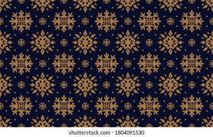 Christmas drawing with snowflakes. The Nordic style. Folk print with flakes. Scandinavian, Portuguese ornament. Spanish porcelain. Oriental damask. Ethnic motif. Ikat geometric folklore background. 