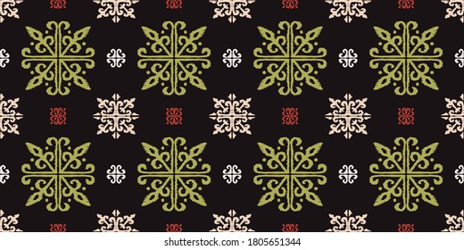 Christmas drawing with snowflakes. The Nordic style. Folk print with flakes. Scandinavian, Portuguese ornament. Spanish porcelain. Oriental damask. Ethnic motif. Ikat geometric folklore background. 