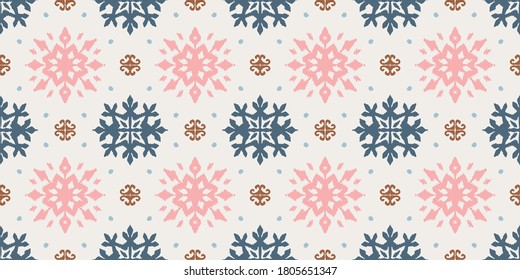 Christmas drawing with snowflakes. The Nordic style. Folk print with flakes. Scandinavian, Portuguese ornament. Spanish porcelain. Oriental damask. Ethnic motif. Ikat geometric folklore background. 