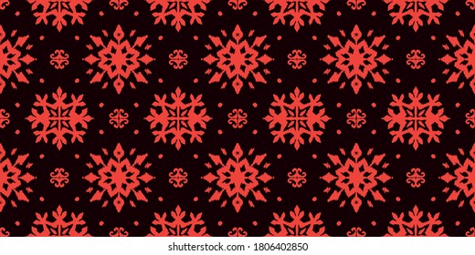 Christmas drawing with snowflakes. The Nordic style. Folk print with flakes. Scandinavian, Portuguese ornament. Spanish porcelain. Oriental damask. Ethnic motif. Ikat geometric folklore background. 
