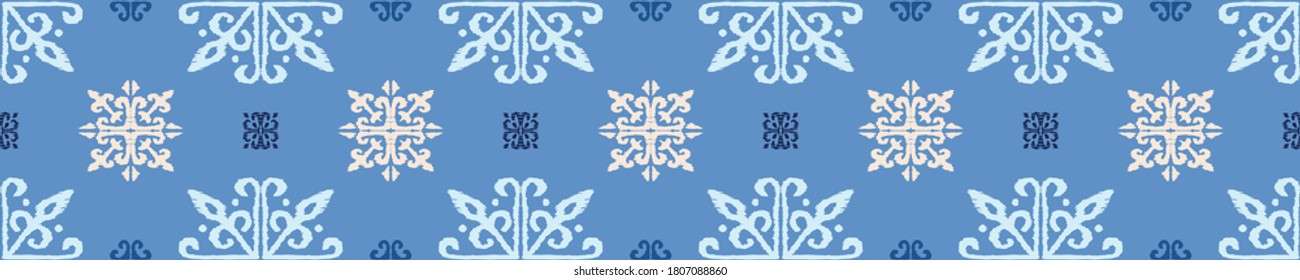 Christmas drawing with snowflakes. The Nordic style. Folk print with flakes. Scandinavian, Portuguese ornament. Spanish porcelain. Oriental damask. Ethnic motif. Ikat geometric folklore background. 
