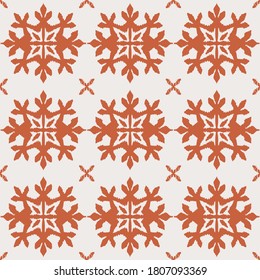 Christmas drawing with snowflakes. The Nordic style. Folk print with flakes. Scandinavian, Portuguese ornament. Spanish porcelain. Oriental damask. Ethnic motif. Ikat geometric folklore background. 