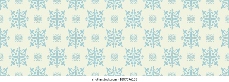 Christmas drawing with snowflakes. The Nordic style. Folk print with flakes. Scandinavian, Portuguese ornament. Spanish porcelain. Oriental damask. Ethnic motif. Ikat geometric folklore background. 