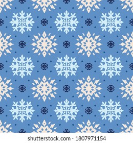 Christmas drawing with snowflakes. The Nordic style. Folk print with flakes. Scandinavian, Portuguese ornament. Spanish porcelain. Oriental damask. Ethnic motif. Ikat geometric folklore background. 