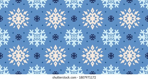 Christmas drawing with snowflakes. The Nordic style. Folk print with flakes. Scandinavian, Portuguese ornament. Spanish porcelain. Oriental damask. Ethnic motif. Ikat geometric folklore background. 