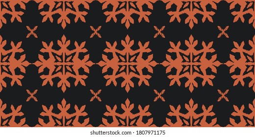Christmas drawing with snowflakes. The Nordic style. Folk print with flakes. Scandinavian, Portuguese ornament. Spanish porcelain. Oriental damask. Ethnic motif. Ikat geometric folklore background. 