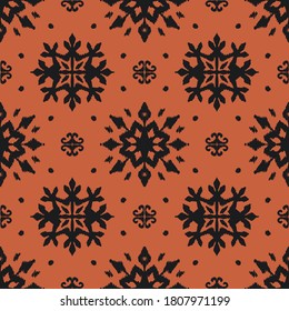 Christmas drawing with snowflakes. The Nordic style. Folk print with flakes. Scandinavian, Portuguese ornament. Spanish porcelain. Oriental damask. Ethnic motif. Ikat geometric folklore background. 