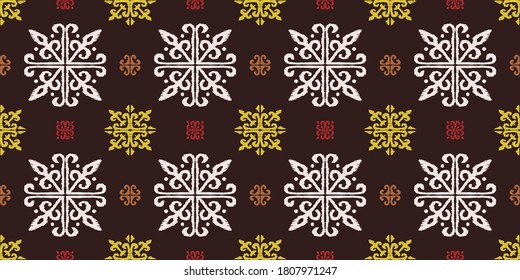 Christmas drawing with snowflakes. The Nordic style. Folk print with flakes. Scandinavian, Portuguese ornament. Spanish porcelain. Oriental damask. Ethnic motif. Ikat geometric folklore background. 