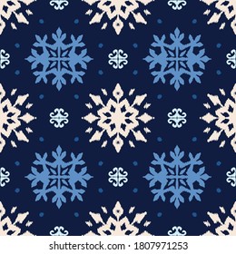 Christmas drawing with snowflakes. The Nordic style. Folk print with flakes. Scandinavian, Portuguese ornament. Spanish porcelain. Oriental damask. Ethnic motif. Ikat geometric folklore background. 