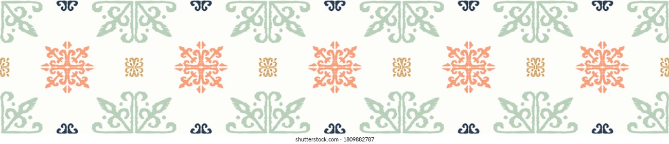 Christmas drawing with snowflakes. The Nordic style. Folk print with flakes. Scandinavian, Portuguese ornament. Spanish porcelain. Oriental damask. Ethnic motif. Ikat geometric folklore background. 