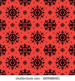 Christmas drawing with snowflakes. The Nordic style. Folk print with flakes. Scandinavian, Portuguese ornament. Spanish porcelain. Oriental damask. Ethnic motif. Ikat geometric folklore background. 