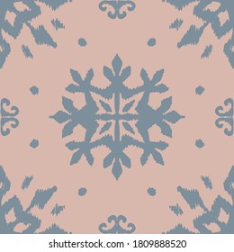 Christmas drawing with snowflakes. The Nordic style. Folk print with flakes. Scandinavian, Portuguese ornament. Spanish porcelain. Oriental damask. Ethnic motif. Ikat geometric folklore background. 