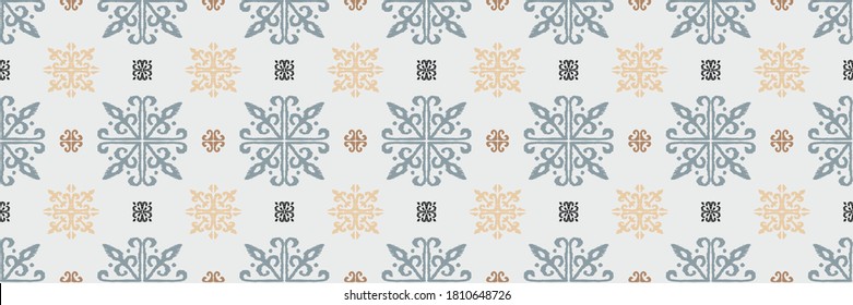 Christmas drawing with snowflakes. The Nordic style. Folk print with flakes. Scandinavian, Portuguese ornament. Spanish porcelain. Oriental damask. Ethnic motif. Ikat geometric folklore background. 