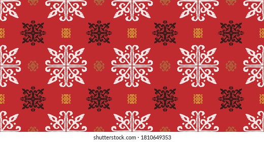 Christmas drawing with snowflakes. The Nordic style. Folk print with flakes. Scandinavian, Portuguese ornament. Spanish porcelain. Oriental damask. Ethnic motif. Ikat geometric folklore background. 