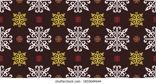 Christmas drawing with snowflakes. The Nordic style. Folk print with flakes. Scandinavian, Portuguese ornament. Spanish porcelain. Oriental damask. Ethnic motif. Ikat geometric folklore background. 