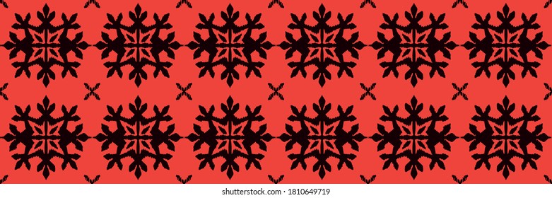 Christmas drawing with snowflakes. The Nordic style. Folk print with flakes. Scandinavian, Portuguese ornament. Spanish porcelain. Oriental damask. Ethnic motif. Ikat geometric folklore background. 