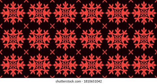 Christmas drawing with snowflakes. The Nordic style. Folk print with flakes. Scandinavian, Portuguese ornament. Spanish porcelain. Oriental damask. Ethnic motif. Ikat geometric folklore background. 