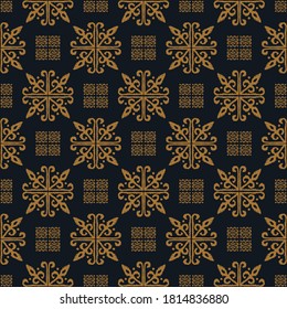 Christmas drawing with snowflakes. The Nordic style. Folk print with flakes. Scandinavian, Portuguese ornament. Spanish porcelain. Oriental damask. Ethnic motif. Ikat geometric folklore background. 
