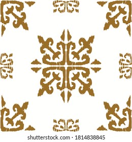 Christmas drawing with snowflakes. The Nordic style. Folk print with flakes. Scandinavian, Portuguese ornament. Spanish porcelain. Oriental damask. Ethnic motif. Ikat geometric folklore background. 
