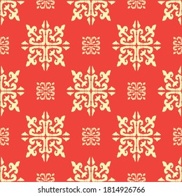 Christmas drawing with snowflakes. The Nordic style. Folk print with flakes. Scandinavian, Portuguese ornament. Spanish porcelain. Oriental damask. Ethnic motif. Ikat geometric folklore background. 