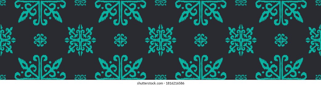 Christmas drawing with snowflakes. The Nordic style. Folk print with flakes. Scandinavian, Portuguese ornament. Spanish porcelain. Oriental damask. Ethnic motif. Ikat geometric folklore background. 