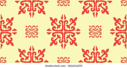 Christmas drawing with snowflakes. The Nordic style. Folk print with flakes. Scandinavian, Portuguese ornament. Spanish porcelain. Oriental damask. Ethnic motif. Ikat geometric folklore background. 