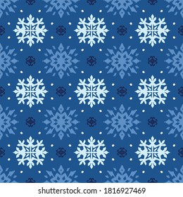 Christmas drawing with snowflakes. The Nordic style. Folk print with flakes. Scandinavian, Portuguese ornament. Spanish porcelain. Oriental damask. Ethnic motif. Ikat geometric folklore background. 