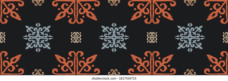 Christmas drawing with snowflakes. The Nordic style. Folk print with flakes. Scandinavian, Portuguese ornament. Spanish porcelain. Oriental damask. Ethnic motif. Ikat geometric folklore background. 