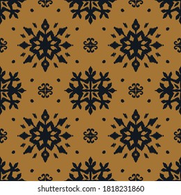 Christmas drawing with snowflakes. The Nordic style. Folk print with flakes. Scandinavian, Portuguese ornament. Spanish porcelain. Oriental damask. Ethnic motif. Ikat geometric folklore background. 