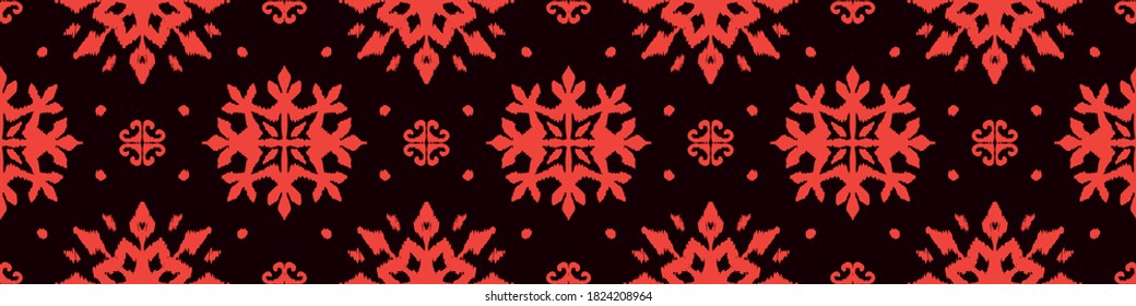 Christmas drawing with snowflakes. The Nordic style. Folk print with flakes. Scandinavian, Portuguese ornament. Spanish porcelain. Oriental damask. Ethnic motif. Ikat geometric folklore background. 