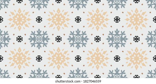 Christmas drawing with snowflakes. The Nordic style. Folk print with flakes. Scandinavian, Portuguese ornament. Spanish porcelain. Oriental damask. Ethnic motif. Ikat geometric folklore background. 