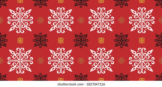 Christmas drawing with snowflakes. The Nordic style. Folk print with flakes. Scandinavian, Portuguese ornament. Spanish porcelain. Oriental damask. Ethnic motif. Ikat geometric folklore background. 