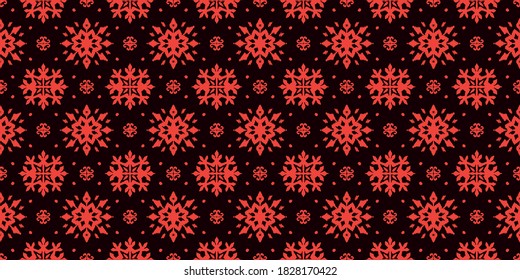 Christmas drawing with snowflakes. The Nordic style. Folk print with flakes. Scandinavian, Portuguese ornament. Spanish porcelain. Oriental damask. Ethnic motif. Ikat geometric folklore background. 