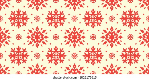 Christmas drawing with snowflakes. The Nordic style. Folk print with flakes. Scandinavian, Portuguese ornament. Spanish porcelain. Oriental damask. Ethnic motif. Ikat geometric folklore background. 