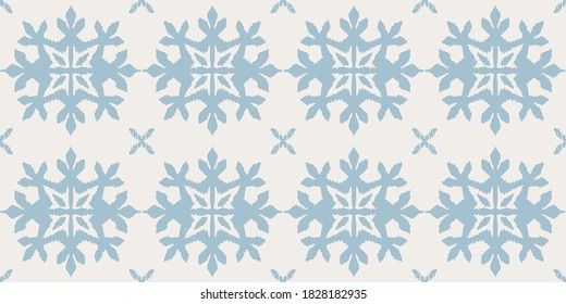 Christmas drawing with snowflakes. The Nordic style. Folk print with flakes. Scandinavian, Portuguese ornament. Spanish porcelain. Oriental damask. Ethnic motif. Ikat geometric folklore background. 