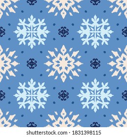 Christmas drawing with snowflakes. The Nordic style. Folk print with flakes. Scandinavian, Portuguese ornament. Spanish porcelain. Oriental damask. Ethnic motif. Ikat geometric folklore background. 