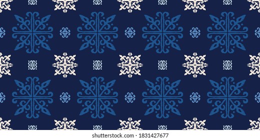 Christmas drawing with snowflakes. The Nordic style. Folk print with flakes. Scandinavian, Portuguese ornament. Spanish porcelain. Oriental damask. Ethnic motif. Ikat geometric folklore background. 