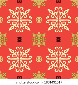 Christmas drawing with snowflakes. The Nordic style. Folk print with flakes. Scandinavian, Portuguese ornament. Spanish porcelain. Oriental damask. Ethnic motif. Ikat geometric folklore background. 