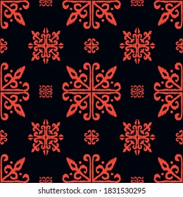 Christmas drawing with snowflakes. The Nordic style. Folk print with flakes. Scandinavian, Portuguese ornament. Spanish porcelain. Oriental damask. Ethnic motif. Ikat geometric folklore background. 