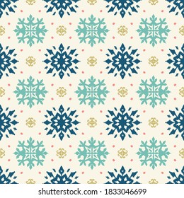 Christmas drawing with snowflakes. The Nordic style. Folk print with flakes. Scandinavian, Portuguese ornament. Spanish porcelain. Oriental damask. Ethnic motif. Ikat geometric folklore background. 