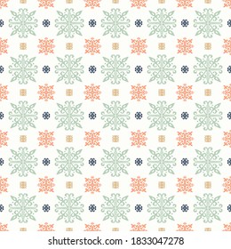 Christmas drawing with snowflakes. The Nordic style. Folk print with flakes. Scandinavian, Portuguese ornament. Spanish porcelain. Oriental damask. Ethnic motif. Ikat geometric folklore background. 