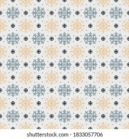 Christmas drawing with snowflakes. The Nordic style. Folk print with flakes. Scandinavian, Portuguese ornament. Spanish porcelain. Oriental damask. Ethnic motif. Ikat geometric folklore background. 