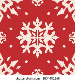 Christmas drawing with snowflakes. The Nordic style. Folk print with flakes. Scandinavian, Portuguese ornament. Spanish porcelain. Oriental damask. Ethnic motif. Ikat geometric folklore background. 